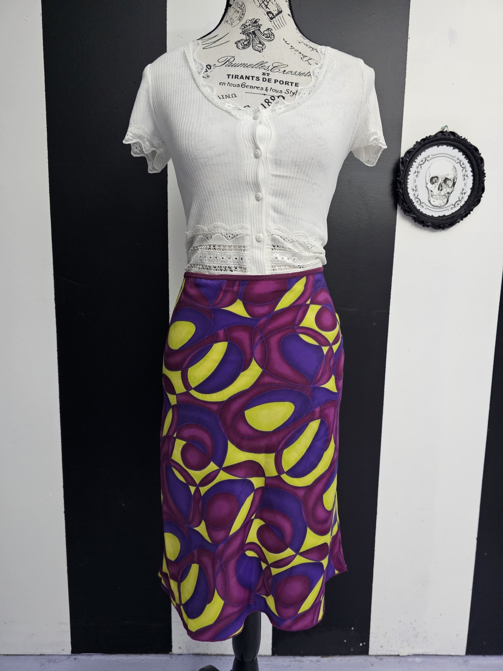 Vibrant Purple & Green Geometric Midi Skirt